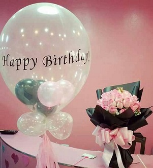 Transparent air Balloon with happy birthday green white balloons on stick and pastel roses bouquet