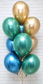 10 Helium Gas filled gold green blue Balloons tied to ribbons