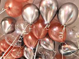 15 Gas filled rose gold white and confetti Balloons tied to ribbons