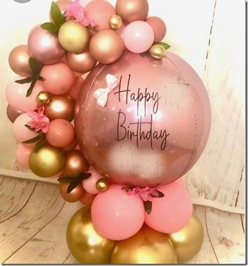 Transparent Balloon with happy birthday pink gold balloons arch with flowers and leaves