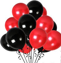 10 Gas filled black and red Balloons tied to ribbons
