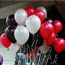 10 Gas filled red and white black helium Balloons tied to ribbons