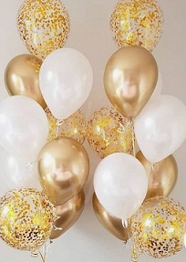 15 Gas filled gold and gold confetti white Balloons tied to ribbons