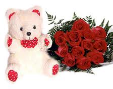 12 Red roses bouquet with teddy bear