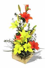 yellow, orange lilies basket arrangement