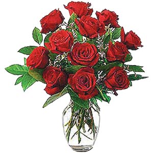 12 red roses in a vase.