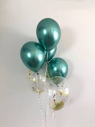 10 Gas filled green silver Balloons tied to ribbons