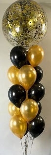 10 Gas filled gold black Balloons with large air bobo balloons on top tied to ribbons