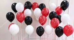 15 Gas filled red and white black Balloons tied to ribbons