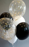 10 Gas filled pearl white black confetti Balloons with 3 large air bobo balloons on top tied to ribbons