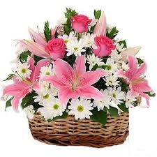 Lilies roses and gerberas basket