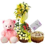 Lilies roses and gerberas 2 tier basket with cake and teddy