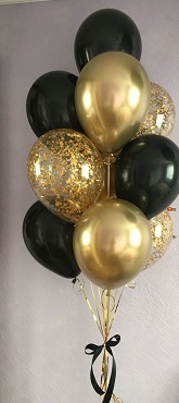 10 Gas filled gold black Balloons tied to ribbons
