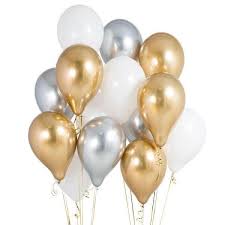 10 Gas filled gold and silver Balloons tied to ribbons