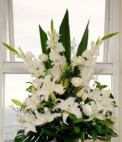 2 Feet arrangement of White Lily White roses and and white Gladioli