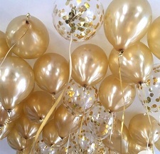 25 Gas filled gold confetti Balloons tied to ribbons