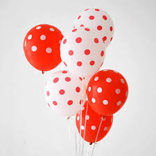 10 Gas filled red and white polka dot helium Balloons tied to ribbons