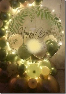 Transparent Balloon with happy birthday  green gold balloons arch with flowers and leaf on balloon with fairy lights