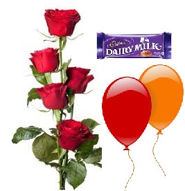 2 Blown Air balloons 5 Red roses hand tied 1 Dairy milk chocolate bar