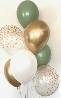 10 Helium Gas filled gold green confetti white Balloons tied to ribbons