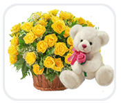18 yellow roses in a basket with a teddy