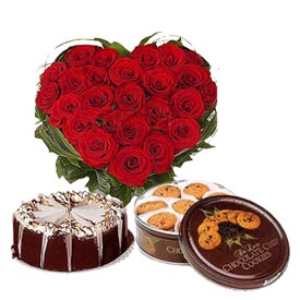 30 red roses heart with 1 kg cake and box of fresh cookies