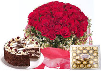 100 red roses with 24 ferrero rocher and a kilo of cake