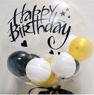 Clear transparent bubble with 3 balloons inserted inside big bobo balloon with letter happy birthday