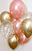 15 Gas filled rose gold white and confetti Balloons tied to ribbons