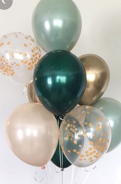 10 Helium Gas filled gold green confetti Balloons tied to ribbons