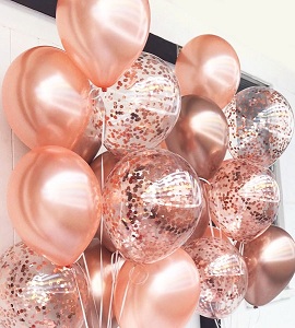 20 Gas filled rose gold confetti Balloons tied to ribbons