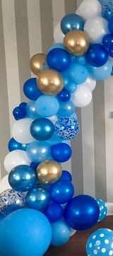 40 shades of blue gold white polka dot blue air blown small and large balloons arch style