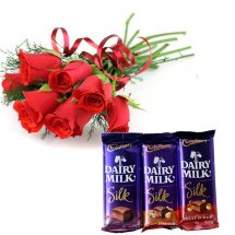 Six red roses bouquet with Three Cadburys Silk Chocolates