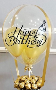 Happy birthday printed aqua balloon stuffed with yellow balloons and 16 Ferrero chocolates