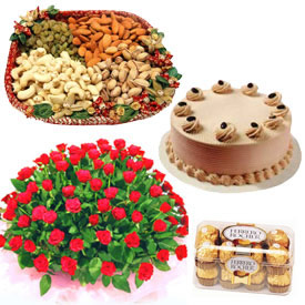 50 roses with 1 pound cake, chocolates and 1 kilo dry fruit