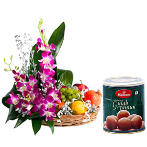 Basket of orchids with fruit and 1 kilo gulab jamun