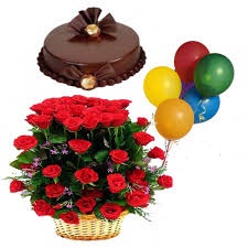 Dozen Red roses with 3 balloons and 2 pound cake