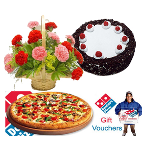 Pizza with 12 carnations basket  1 pound cake and card