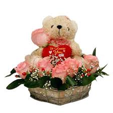 Teddy bear 6 inch with 12 pink roses basket