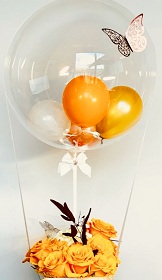 15 yellow roses basket with 2 yellow white Balloon in colourless balloon