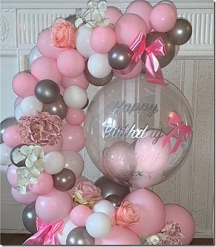 Transparent Balloon with happy birthday pink silver white balloons arch with flowers and leaves