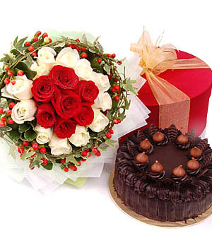 24 red and white roses bouquet, 1/2 kg chocolate cake
