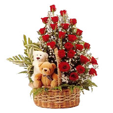 2 cute teddies with 24 red roses basket