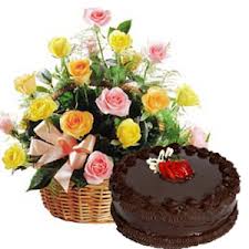 Flowers basket with 1/2 Kg Chocolate Cake and a Diwali Greeting Card