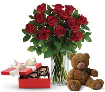 Flowers with teddy and chocolates