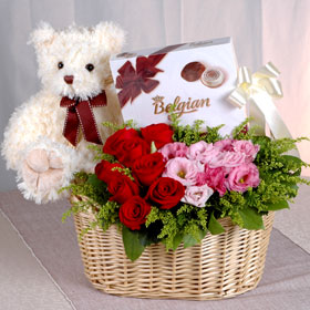 16 ferrero Chocolates, 24 Roses flowers basket, Teddy