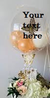 Transparent Balloon Printed WITH YOUR TEXT in 3 words only Tied with ribbons to a basket of 12 white Pink Roses