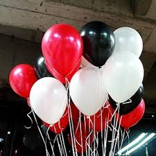 15 Gas filled red and white black Balloons tied to ribbons