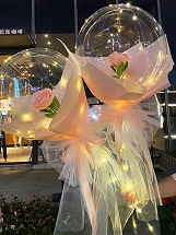 2 Pink rose in 2 transparent balloon arrangement with fairy light White wrapping 