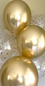 10 Gas filled gold Balloons tied to ribbons